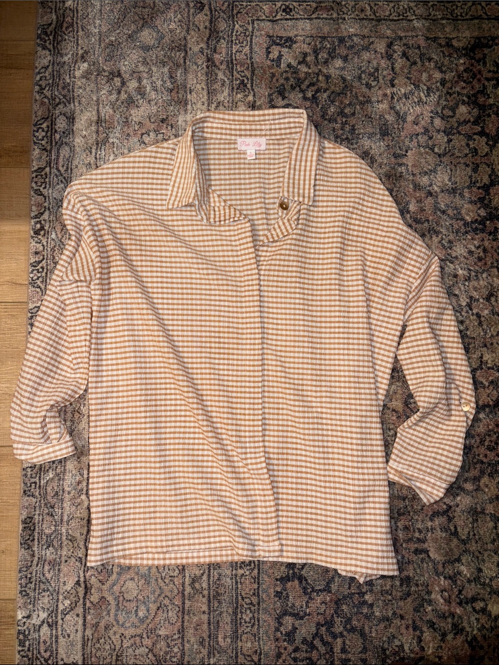 Pink Lily Cream & Tan Gingham Button-Down Shirt